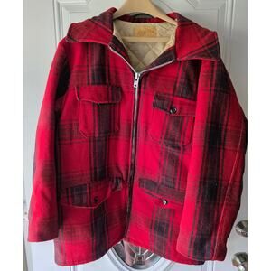 Vtg Melton Red Black Buffalo Plaid Coat Zip Up 4 Pockets Size XL